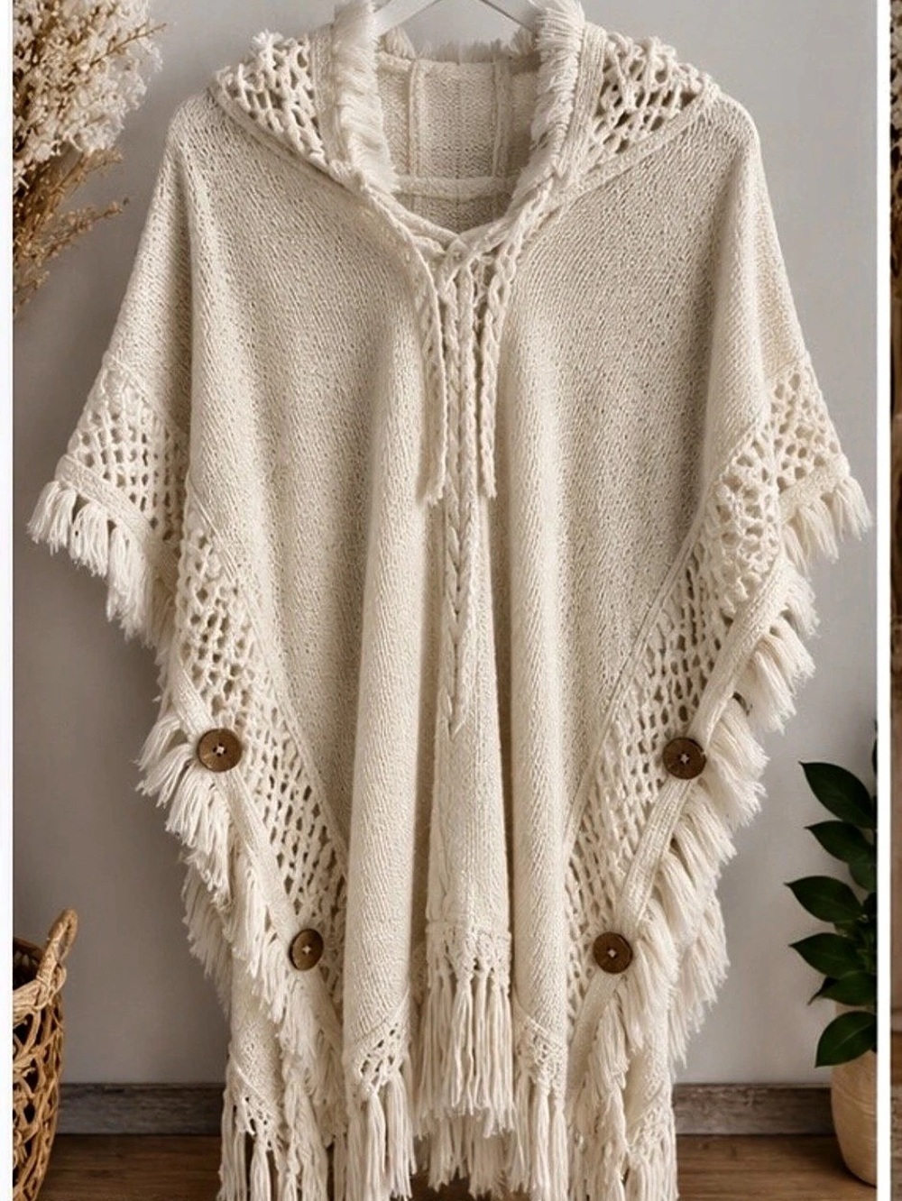 Hooded Fringe Knit Poncho in Cream Like New
